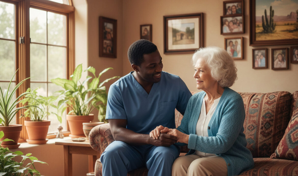 Professional dementia care at home Albuquerque with a compassionate caregiver assisting a senior in a comfortable living room.